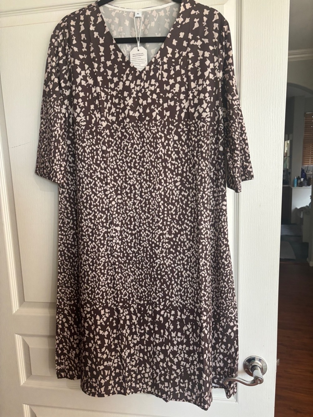 V-Neck Brown Midi Dress with Cream Abstract Print